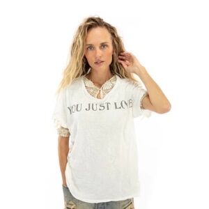 Magnolia Pearl “You Just Love” Cream Boyfriend Distressed Tee, One Size